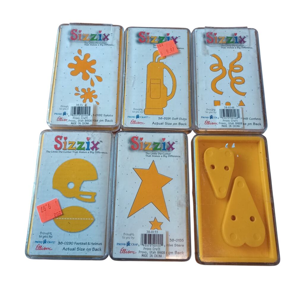 Sizzix Yellow Dies Lot/6 Splats Golf Clubs Confetti Football Helmet Stars Hearts